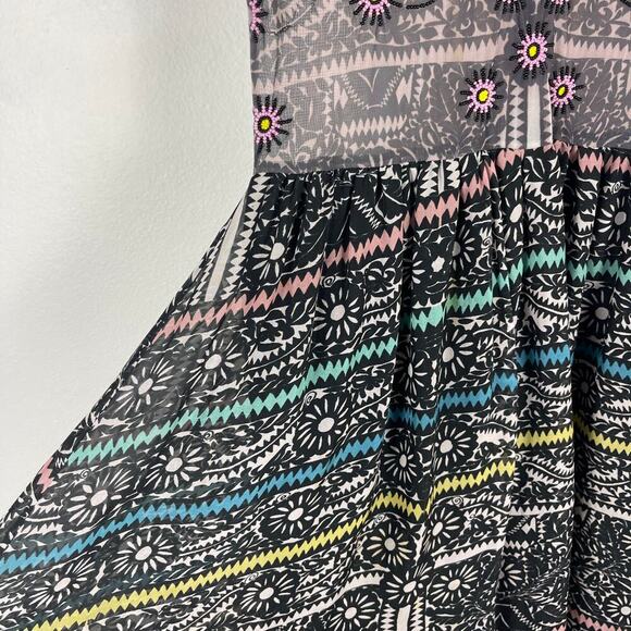 Carolina K Black Printed Sheer Bodice Beaded Silk Aztec Floral Maxi Dress Small - Picture 7 of 16